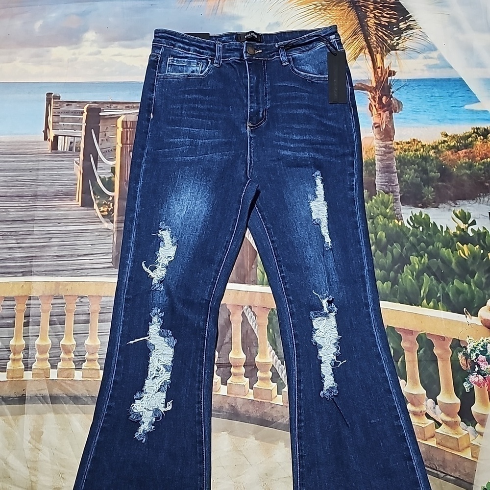 Nina‎ Rossi Distressed High Rise Flare Jeans Size 11 NWT
